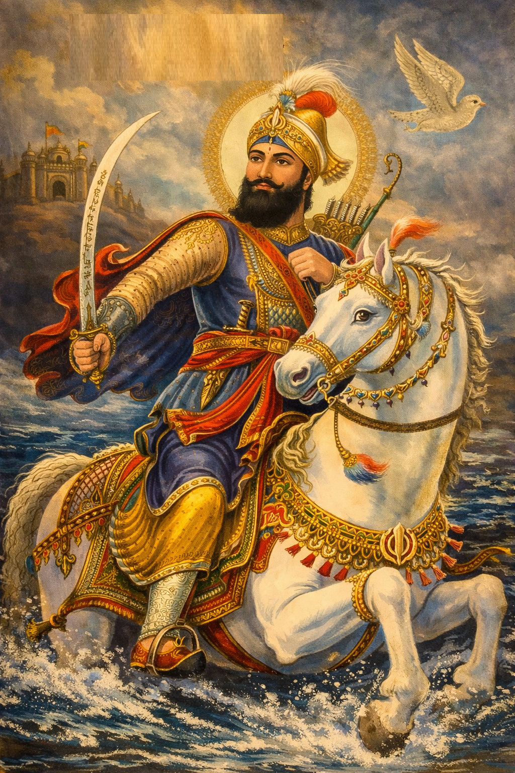 Shri Guru Gobind Singh Ji riding horse historical painting